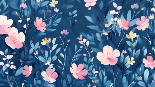 Midnight garden bloomscape in soft pinks and sapphire blue.