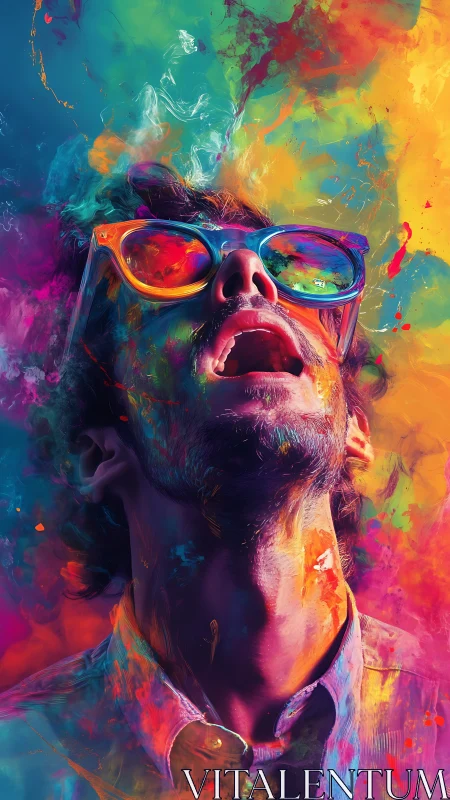 Chromatic daydream erupts around man in neon-splashed shades.