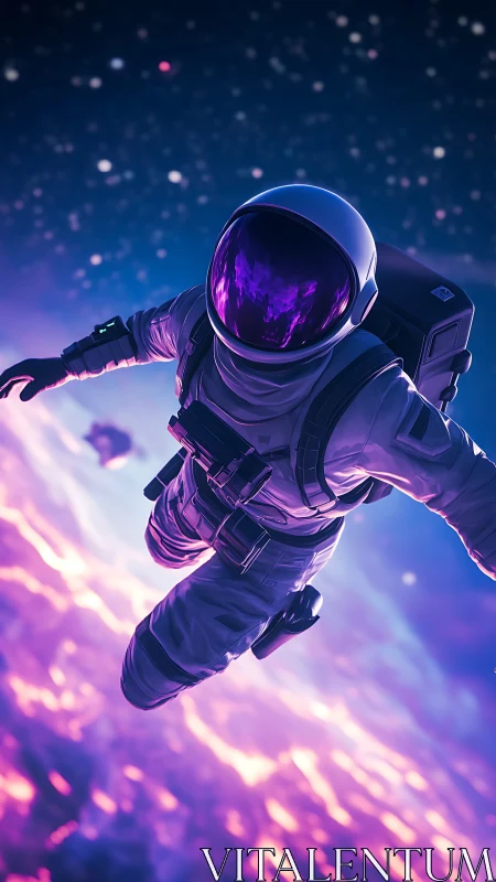 Astronaut drifts above neon clouds in cosmic twilight.