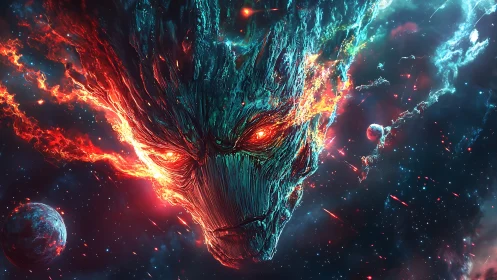 Cosmic nebula forms large fiery anthropomorphic face structure