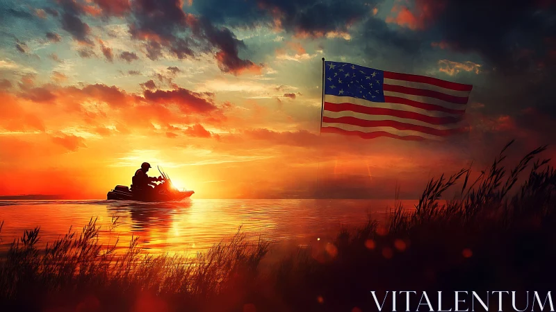 Sunset jet ski silhouette with aerodynamically tensed US flag.