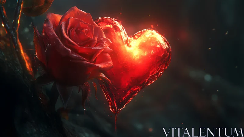 Glowing red rose and illuminated heart-shaped form digital render