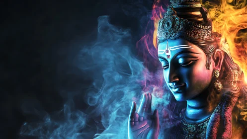 Divine blue deity portrait merges cool smoke and warm fire