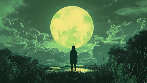 Silhouette child beneath oversized green full moon.