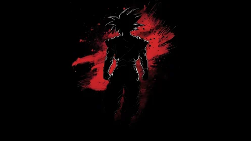Silhouetted anime fighter against bold red backdrop.