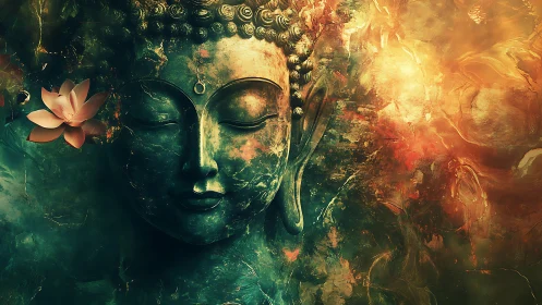 Serene Buddha portrait amid glowing abstract lotus light