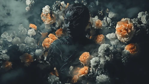 Dark figure portrait surrounded by dense orange flowers.