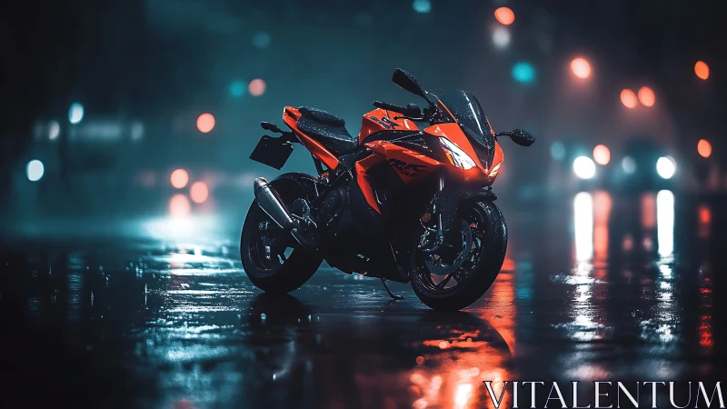 Sport motorcycle on wet city street at night in rain.