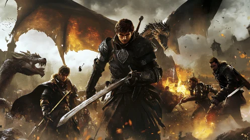 Armored heroes clash with dragons above a burning citadel