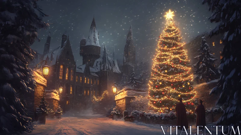 Enchanted snowfall crowns a castle’s luminous Christmas tree.