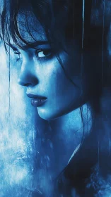 Moody blue portrait of woman in profile with wet texture.
