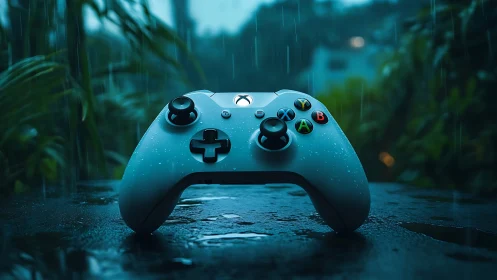 Xbox Series X Controller in Rain: Photorealistic Gaming Peripheral.