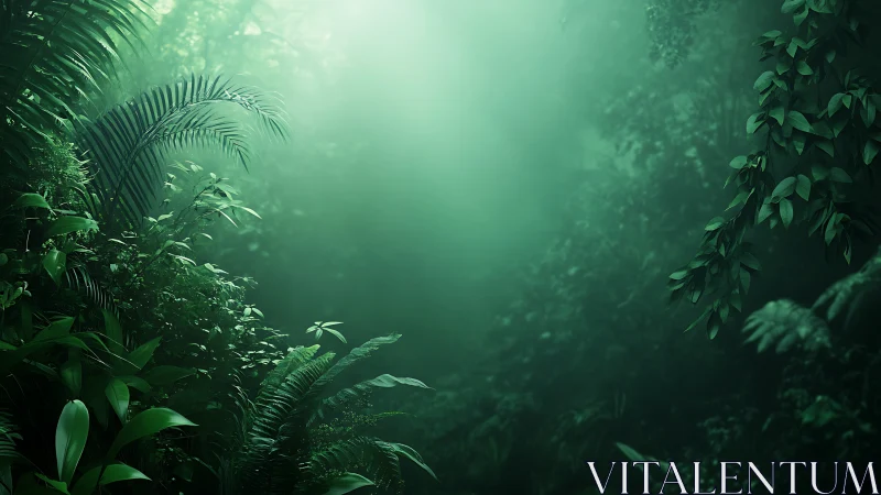 Misty Rainforest Canopy with Lush Tropical Vegetation and Filtered Sunlight