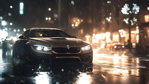 Sleek city sports car glowing softly in the rainy night streets.