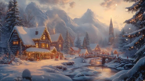 Snowy village with lit cabins and bridge at winter dusk.