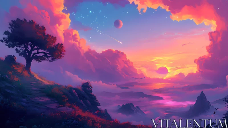 Twin suns drift above a dreamsea wrapped in cosmic dusk