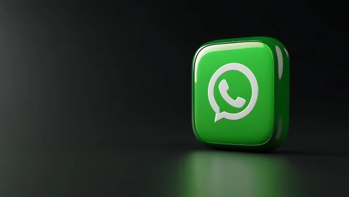 High-gloss 3D WhatsApp icon cube on reflective dark surface