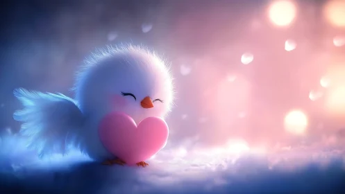 White Avian with Pink Heart Form in Luminous Atmosphere.
