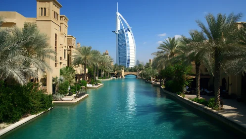 Waterway runs between palms and low-rise buildings in city