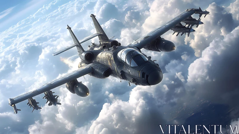Armed attack aircraft flying through dense cloud layer.