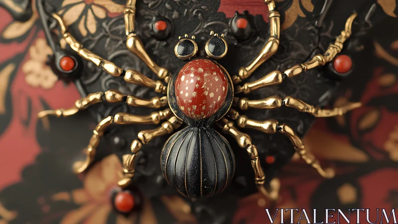 Jewel-toned spider brooch with gold limbs on baroque floral panel