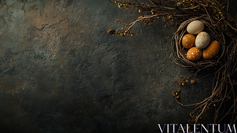 Textured dark ground with styled egg nest in directional light.