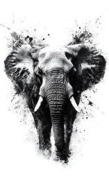 Bold elephant portrait walks forward in inky monochrome art