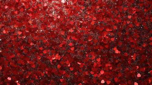 Dense macro field of red metallic heart confetti with glittering bokeh