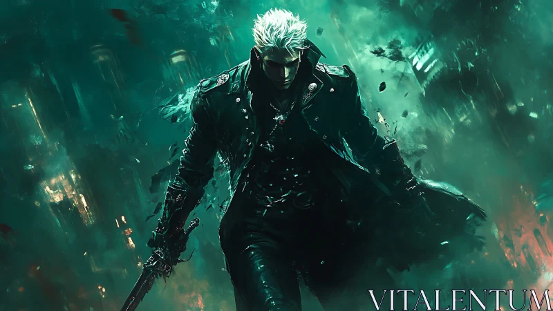 Storm-lit warrior strides through swirling emerald chaos