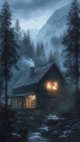 Mountain cabin glows through misty blue forest night.