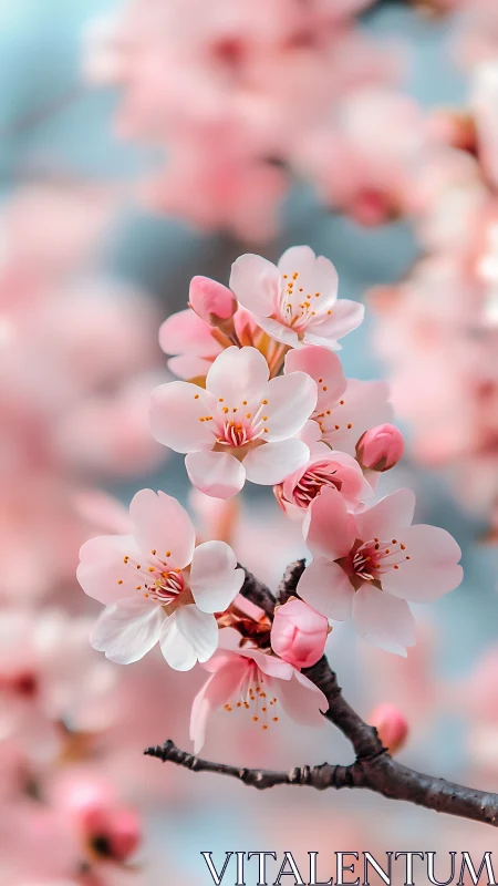 Cherry Blossom Branch With Pink And White Flowers.