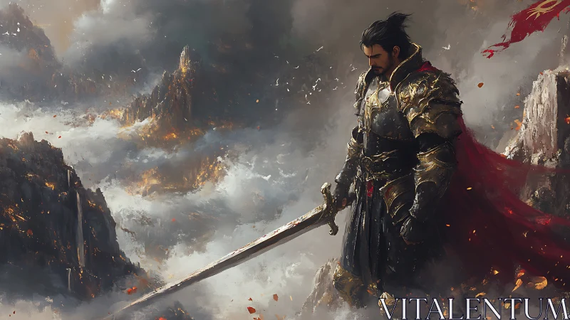 Lone armored warrior pausing above stormy mountain clouds.