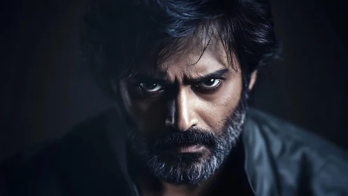 Portrait shows intense frontal close-up of bearded man