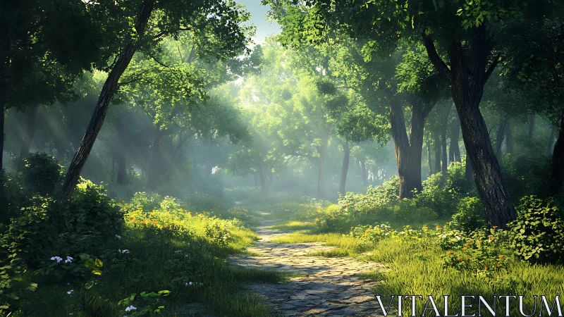 Enchanted Forest Path Bathed in Verdant Sunlight