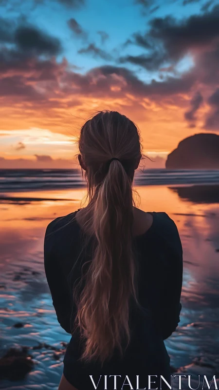 Woman watching vivid sunset over reflective ocean shore.