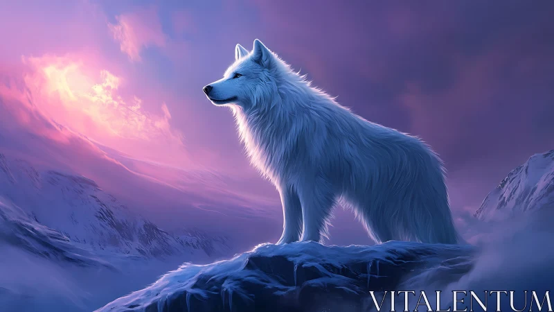 Luminous white wolf on icy ridge under magenta aurora sky