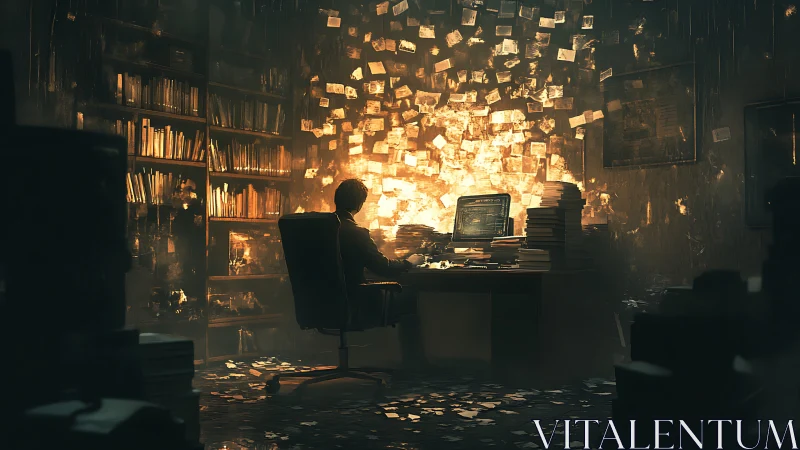 Scholar's Sanctuary Illuminated by Golden Data Streams.