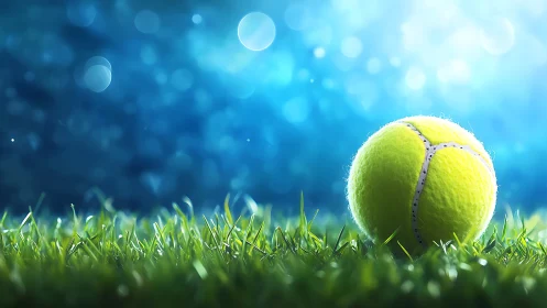 Luminous tennis ball dreaming on dewlit neon grass field.