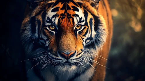Front-facing tiger portrait with high-contrast optical detail.
