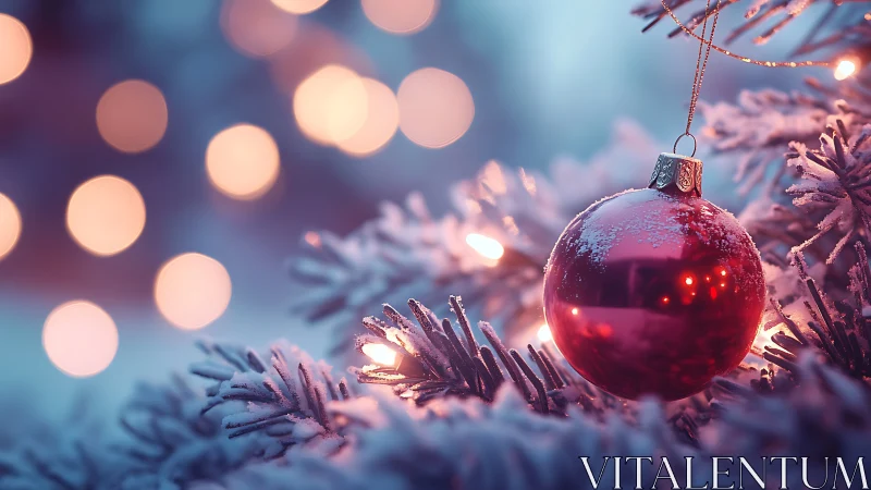 Red bauble on snowy Christmas tree with warm bokeh glow.