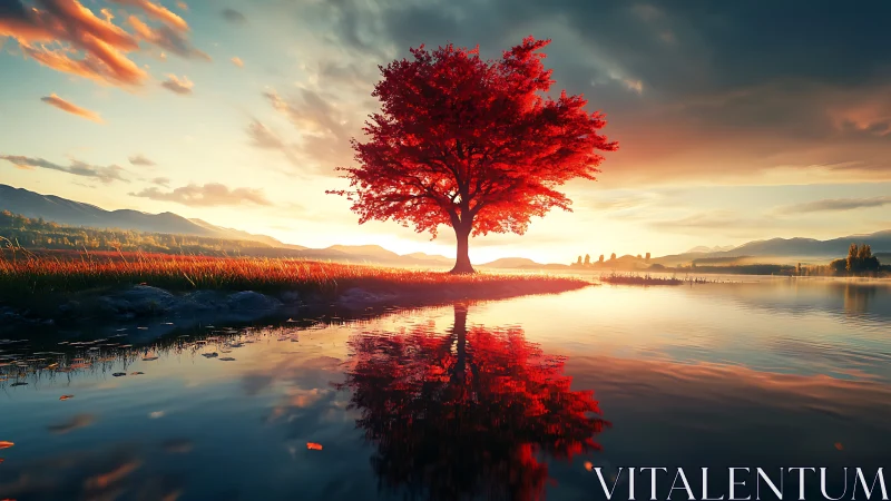 Solitary red tree mirrored in calm lakeside sunset water.
