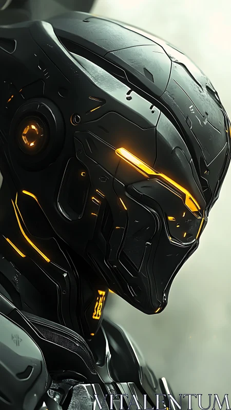 Futuristic armored android head with illuminated visor detail.