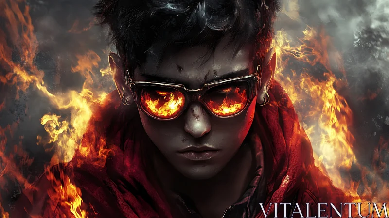 Fiery youth in reflective shades amid cinematic inferno.