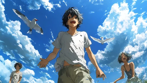 Teenagers under bright sky with soaring white birds.