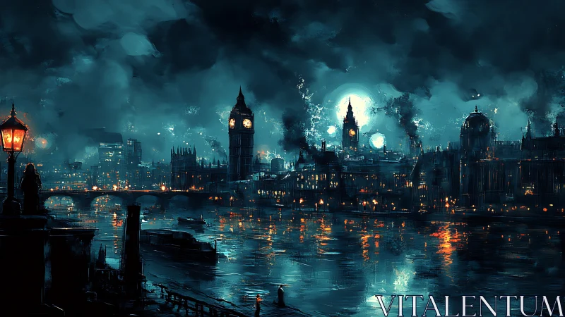 Nocturnal London riverside skyline under moody teal haze glows
