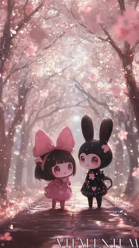 Kawaii girl and bunny stroll beneath dreamy cherry blossoms.