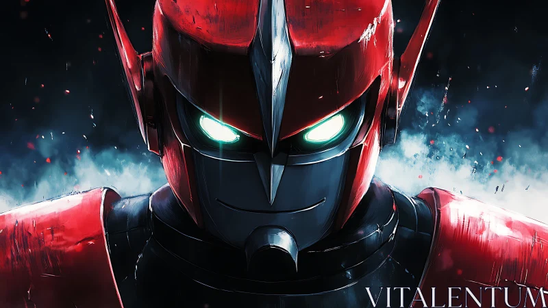 Red armored humanoid robot faces viewer with illuminated eyes