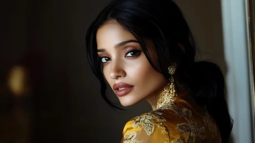 Portrait glamour highlights golden embroidered elegance.