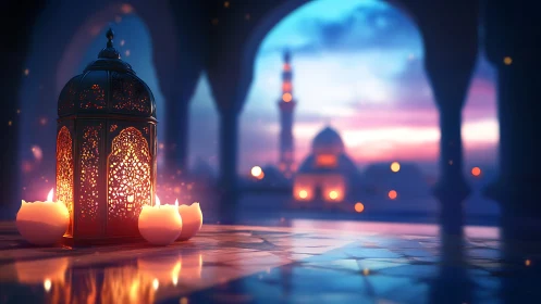 Ornate lantern with candles in front of mosque at dusk.