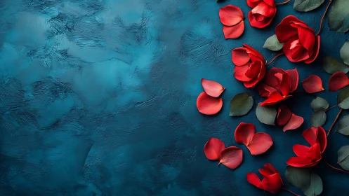 Red Rose Petals on Textured Teal Background Surface.